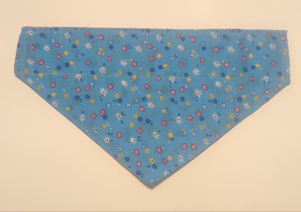 NOW HALF PRICE ! Small Reversible Dog Bandana, Double sided - cute multicolour tiny flowers  on cheerful springtime sky blue background one side/ ladybirds 🐞 one pink and white polka dot background on reverse.