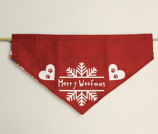 NOW HALF PRICE ! All 2023 Christmas designs now half price! ! Small Reversible Dog Bandana, Double sided - Merry Woofmas, Heart and Paws one side. Bright bold rainbow, heart "LOVE IS LOVE" text on the other side.