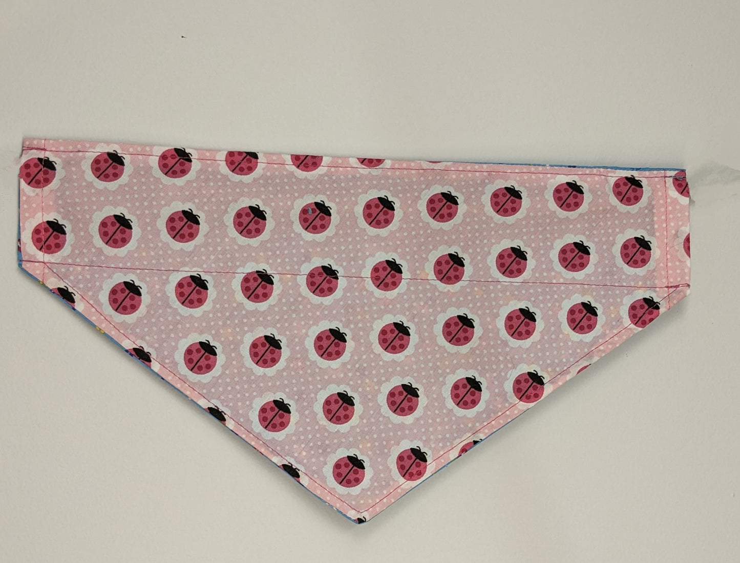NOW HALF PRICE ! Small Reversible Dog Bandana, Double sided - cute multicolour tiny flowers  on cheerful springtime sky blue background one side/ ladybirds 🐞 one pink and white polka dot background on reverse.