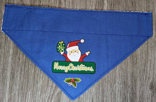 NOW HALF PRICE ! All 2023 Christmas designs now half price! ! Small Reversible Dog Bandana. Santa, holly & Merry Christmas one side, stylised stick drawing fir trees on reverse.