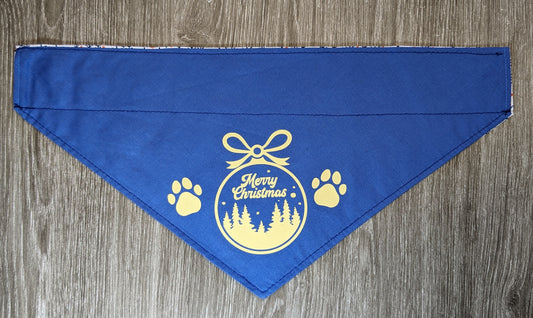 NOW HALF PRICE ! All 2023 Christmas designs half price! Reversible Dog Bandana, size Medium. Merry Christmas bauble and Paws on royal blue one side, Christmas trees on white on reverse