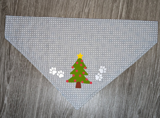 NOW HALF PRICE ! All 2023 Christmas designs now half price! SANTA, Large Christmas Bandana for Dogs - fully reversible.  Christmas tree on white-grey polka dots one side. Blue 💙 hearts on white on reverse.