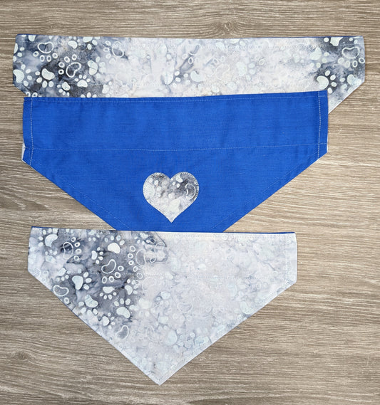 Paw Print Blue and Grey tones Batik style Bandana for Dogs, Small, Medium Large.  Reversible - Double Sided Bandana, high quality poly-cotton hand made.