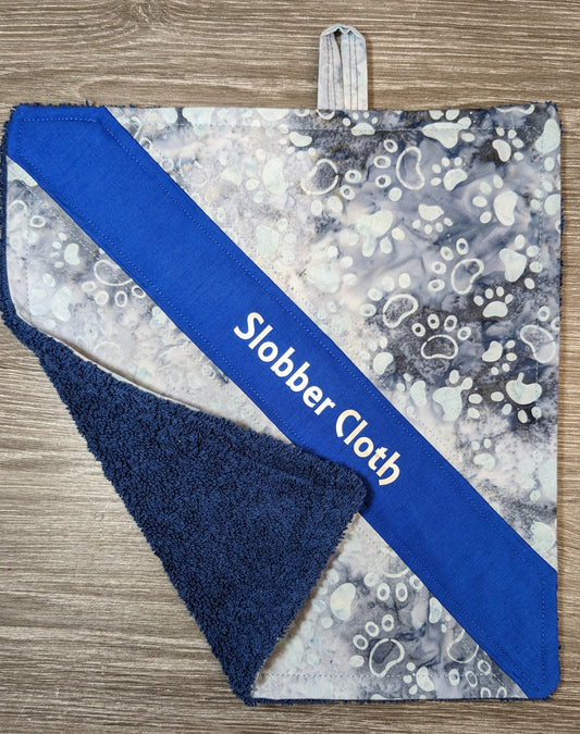 Slobber Cloth. Wipe that drool in style! Navy toweling / batik blue grey tones paw print and royal blue cotton. Dog Doiley! Drool wiper. Washable. Essential for slobbery breeds!