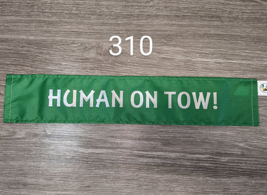 310 "HUMAN ON TOW" Emerald Green Lead Sleeve. Humorous slogan for Cani-cross. Cover for dog leash. Humourous!