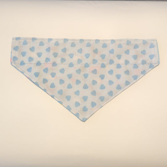 NOW HALF PRICE ! Small Reversible Dog Bandana, Double sided - cute dinosaurs unicorns parrots llamas swans on light blue // blue hearts on white. Valentines. St Valentines Day