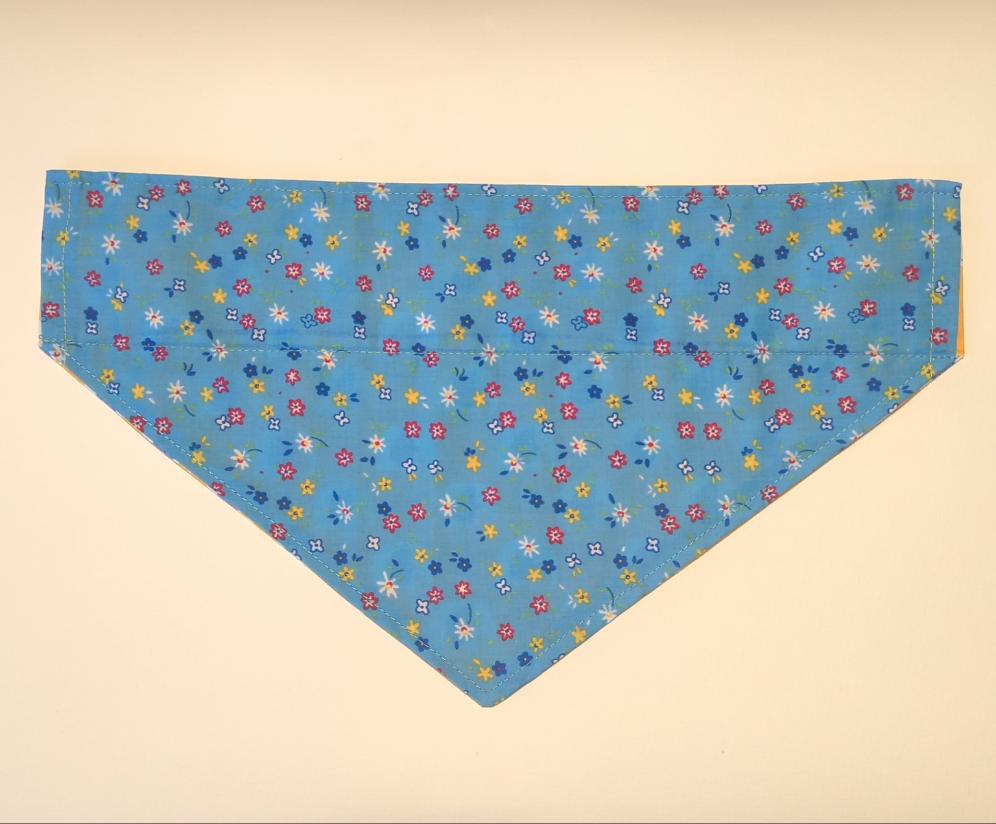 NOW HALF PRICE ! Bandana for Dogs, Medium Size **cute stylised blue and white elephants on yellow // tiny colourful multicolour flowers on blue background** Reversible Double Sided Dog Bandana, high quality hand made
